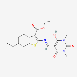 molecular formula C20H25N3O5S B6081951 ethyl 2-{[(1,3-dimethyl-2,4,6-trioxotetrahydro-5(2H)-pyrimidinylidene)methyl]amino}-6-ethyl-4,5,6,7-tetrahydro-1-benzothiophene-3-carboxylate 