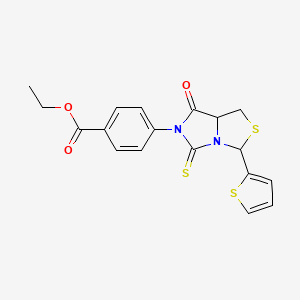 molecular formula C18H16N2O3S3 B6082508 ethyl 4-[7-oxo-3-(2-thienyl)-5-thioxodihydro-1H-imidazo[1,5-c][1,3]thiazol-6(5H)-yl]benzoate 