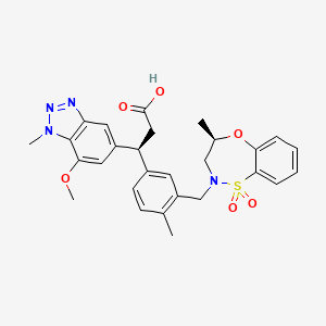 molecular formula C28H30N4O6S B608341 (3s)-3-(7-Methoxy-1-Methyl-1h-Benzo[d][1,2,3]triazol-5-Yl)-3-(4-Methyl-3-(((R)-4-Methyl-1,1-Dioxido-3,4-Dihydro-2h-Benzo[b][1,4,5]oxathiazepin-2-Yl)methyl)phenyl)propanoic Acid CAS No. 1799974-70-1