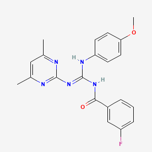 molecular formula C21H20FN5O2 B6083603 N-{[(4,6-dimethyl-2-pyrimidinyl)amino][(4-methoxyphenyl)amino]methylene}-3-fluorobenzamide 