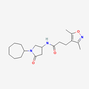 molecular formula C19H29N3O3 B6083951 N-(1-cycloheptyl-5-oxo-3-pyrrolidinyl)-3-(3,5-dimethyl-4-isoxazolyl)propanamide 
