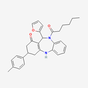 molecular formula C30H32N2O3 B6084002 11-(2-furyl)-10-hexanoyl-3-(4-methylphenyl)-2,3,4,5,10,11-hexahydro-1H-dibenzo[b,e][1,4]diazepin-1-one 