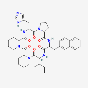 molecular formula C42H54N8O6 B608417 Cyclo(prolyl-naphthylalanyl-isoleucyl-pipecolyl-pipecolyl-histidyl) CAS No. 127819-97-0