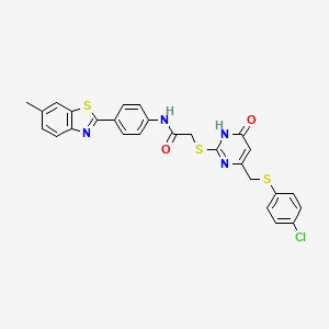 molecular formula C27H21ClN4O2S3 B6084217 2-[(4-{[(4-chlorophenyl)thio]methyl}-6-oxo-1,6-dihydro-2-pyrimidinyl)thio]-N-[4-(6-methyl-1,3-benzothiazol-2-yl)phenyl]acetamide 