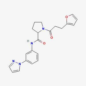 molecular formula C21H22N4O3 B6084644 1-[3-(2-furyl)propanoyl]-N-[3-(1H-pyrazol-1-yl)phenyl]prolinamide 