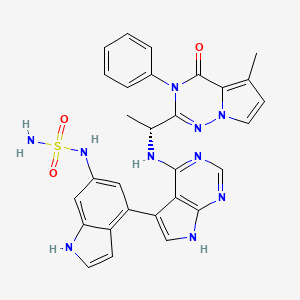molecular formula C29H26N10O3S B608472 5-甲基-4-氧代-3-苯基-2-[(1R)-1-[[5-[6-(磺酰氨基)-1H-吲哚-4-基]-7H-吡咯并[2,3-d]嘧啶-4-基]氨基]乙基]吡咯并[2,1-f][1,2,4]三嗪 CAS No. 1605328-04-8