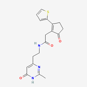 molecular formula C18H19N3O3S B6084732 N-[2-(2-methyl-6-oxo-1,6-dihydropyrimidin-4-yl)ethyl]-2-[5-oxo-2-(2-thienyl)cyclopent-1-en-1-yl]acetamide 