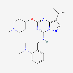 molecular formula C23H33N7O B608499 N-[[2-(二甲氨基)苯基]甲基]-2-(1-甲基哌啶-4-基)氧基-8-丙-2-基吡唑并[1,5-a][1,3,5]三嗪-4-胺 CAS No. 1453833-30-1