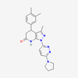 molecular formula C23H26N6O B6085113 4-(3,4-dimethylphenyl)-3-methyl-1-[6-(1-pyrrolidinyl)-3-pyridazinyl]-1,4,5,7-tetrahydro-6H-pyrazolo[3,4-b]pyridin-6-one 