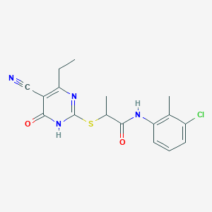 molecular formula C17H17ClN4O2S B6085676 N-(3-chloro-2-methylphenyl)-2-[(5-cyano-4-ethyl-6-oxo-1,6-dihydro-2-pyrimidinyl)thio]propanamide CAS No. 881280-05-3