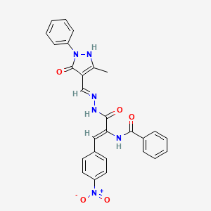 molecular formula C27H22N6O5 B6086059 N-[1-({2-[(5-hydroxy-3-methyl-1-phenyl-1H-pyrazol-4-yl)methylene]hydrazino}carbonyl)-2-(4-nitrophenyl)vinyl]benzamide 