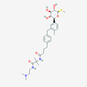 molecular formula C32H47N3O6S B608704 N-[2-(dimethylamino)ethyl]-2-methyl-2-[4-[4-[[2-methyl-5-[(2S,3R,4R,5S,6R)-3,4,5-trihydroxy-6-methylsulfanyloxan-2-yl]phenyl]methyl]phenyl]butanoylamino]propanamide CAS No. 1610954-97-6