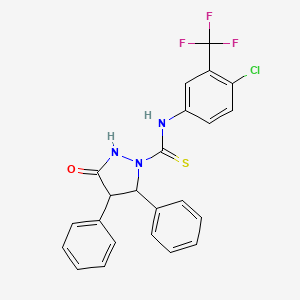 molecular formula C23H17ClF3N3OS B608711 1-Pyrazolidinecarbothioamide, N-(4-chloro-3-(trifluoromethyl)phenyl)-3-oxo-4,5-diphenyl-, trans-(+-)- CAS No. 150351-93-2