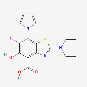 molecular formula C16H16IN3O3S B608867 2-(Diethylamino)-6-iodanyl-5-oxidanyl-7-pyrrol-1-yl-1,3-benzothiazole-4-carboxylic acid CAS No. 2230044-57-0