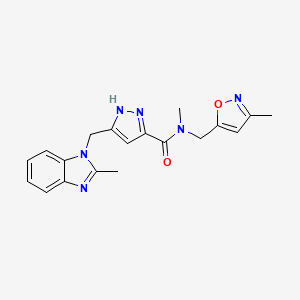 molecular formula C19H20N6O2 B6088774 N-methyl-5-[(2-methyl-1H-benzimidazol-1-yl)methyl]-N-[(3-methyl-5-isoxazolyl)methyl]-1H-pyrazole-3-carboxamide 