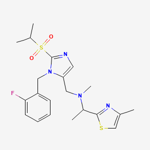 molecular formula C21H27FN4O2S2 B6089241 N-{[1-(2-fluorobenzyl)-2-(isopropylsulfonyl)-1H-imidazol-5-yl]methyl}-N-methyl-1-(4-methyl-1,3-thiazol-2-yl)ethanamine 