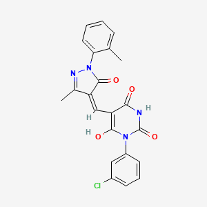 molecular formula C22H17ClN4O4 B6089256 3-(3-chlorophenyl)-6-hydroxy-5-{[3-methyl-1-(2-methylphenyl)-5-oxo-1,5-dihydro-4H-pyrazol-4-ylidene]methyl}-2,4(1H,3H)-pyrimidinedione 