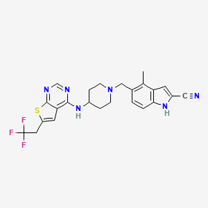 molecular formula C24H23F3N6S B609025 4-甲基-5-((4-((6-(2,2,2-三氟乙基)噻吩并[2,3-d]嘧啶-4-基)氨基)哌啶-1-基)甲基)-1H-吲哚-2-腈 CAS No. 1628317-18-9