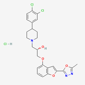 molecular formula C25H26Cl3N3O4 B609041 1-哌啶乙醇，4-(3,4-二氯苯基)-α-(((2-(5-甲基-1,3,4-恶二唑-2-基)-4-苯并呋喃基)氧基)甲基)-，一水合氯化物，(αS)- CAS No. 310392-93-9