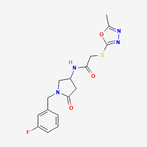 molecular formula C16H17FN4O3S B6090471 N-[1-(3-fluorobenzyl)-5-oxo-3-pyrrolidinyl]-2-[(5-methyl-1,3,4-oxadiazol-2-yl)thio]acetamide 