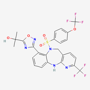 molecular formula C25H19F6N5O5S B609102 2-[3-[6-[4-(Trifluoromethoxy)phenyl]sulfonyl-2-(trifluoromethyl)-5,11-dihydropyrido[3,2-c][1,5]benzodiazepin-7-yl]-1,2,4-oxadiazol-5-yl]propan-2-ol CAS No. 1034152-95-8