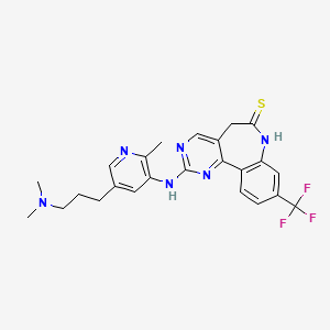 molecular formula C24H25F3N6S B609179 2-[[5-[3-(Dimethylamino)propyl]-2-methylpyridin-3-yl]amino]-9-(trifluoromethyl)-5,7-dihydropyrimido[5,4-d][1]benzazepine-6-thione CAS No. 1228960-69-7