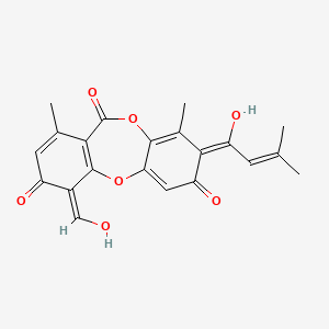 molecular formula C21H18O7 B609214 11H-二苯并(b,E)(1,4)二氧戊环-4-甲醛，3,7-二羟基-1,9-二甲基-8-(3-甲基-1-氧代-2-丁烯-1-基)-11-氧代- CAS No. 1179374-63-0
