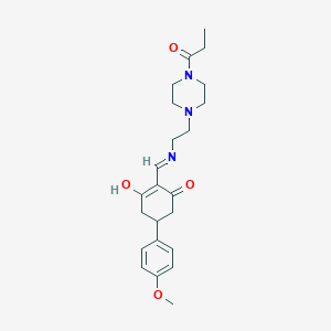 5-(4-Methoxyphenyl)-2-({[2-(4-propanoylpiperazin-1-yl)ethyl]amino}methylidene)cyclohexane-1,3-dione