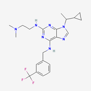 molecular formula C22H28F3N7 B609492 9-(1-Cyclopropylethyl)-N2-(2-(dimethylamino)ethyl)-N6-(3-(trifluoromethyl)benzyl)-9H-purine-2,6-diamine CAS No. 2342583-66-6