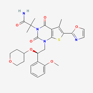 molecular formula C28H32N4O7S B609511 2-[1-[(2~{r})-2-(2-Methoxyphenyl)-2-(Oxan-4-Yloxy)ethyl]-5-Methyl-6-(1,3-Oxazol-2-Yl)-2,4-Bis(Oxidanylidene)thieno[2,3-D]pyrimidin-3-Yl]-2-Methyl-Propanamide CAS No. 1434639-57-2