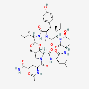 molecular formula C46H70N8O12 B609624 L-Isoleucine, N2-acetyl-L-glutaminyl-3-hydroxy-4-methylprolyl-L-leucyl-(alphaS)-3-amino-6-hydroxy-alpha-((1S)-1-methylpropyl)-2-oxo-1-piperidineacetyl-N-methyl-L-tyrosyl-, (6-2)-lactone CAS No. 185980-89-6