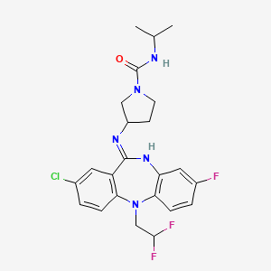 molecular formula C23H25ClF3N5O B609693 (3S)-3-[[8-chloro-11-(2,2-difluoroethyl)-3-fluoro-5H-benzo[b][1,4]benzodiazepin-6-ylidene]amino]-N-propan-2-ylpyrrolidine-1-carboxamide CAS No. 1783816-74-9