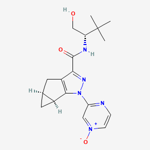 molecular formula C18H23N5O3 B609736 1H-环丙并[4,5]环戊并[1,2-c]吡唑-3-甲酰胺，4,4a,5,5a-四氢-N-((1S)-1-(羟甲基)-2,2-二甲基丙基)-1-(4-氧化-2-吡嗪基)-，(4aS,5aS)- CAS No. 1268881-20-4