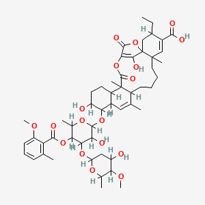 molecular formula C52H70O18 B609816 3-Ethyl-16,26-dihydroxy-15-[3-hydroxy-4-(4-hydroxy-5-methoxy-6-methyloxan-2-yl)oxy-5-(2-methoxy-6-methylbenzoyl)oxy-6-methyloxan-2-yl]oxy-6,12,20-trimethyl-21,24-dioxo-22,25-dioxapentacyclo[21.2.1.01,6.011,20.014,19]hexacosa-4,12,23(26)-triene-4-carboxylic acid CAS No. 130743-11-2