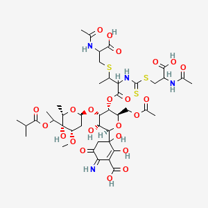 molecular formula C43H62N4O23S3 B609828 3-[(2R,3R,4S,5R,6R)-5-[3-(2-乙酰氨基-2-羧乙基)硫代-2-[(2-乙酰氨基-2-羧乙基)硫代氨基羰基]丁酰氧基]-6-(乙酰氧基甲基)-3-羟基-4-[(2R,4S,5S,6S)-5-羟基-4-甲氧基-6-甲基-5-[1-(2-甲基丙酰氧基)乙基]氧杂环-2-基]氧杂环-2-基]-2,3-二羟基-6-亚氨基-5-氧代环己烯-1-羧酸 CAS No. 101411-71-6