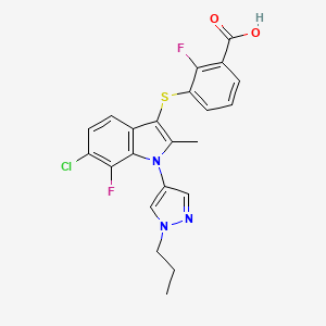 molecular formula C22H18ClF2N3O2S B609844 3-[6-氯-7-氟-2-甲基-1-(1-丙基吡唑-4-基)吲哚-3-基]硫基-2-氟苯甲酸 CAS No. 1359983-15-5