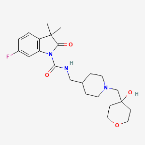 molecular formula C23H32FN3O4 B609921 1H-Indole-1-carboxamide, 6-fluoro-2,3-dihydro-3,3-dimethyl-2-oxo-N-((1-((tetrahydro-4-hydroxy-2H-pyran-4-yl)methyl)-4-piperidinyl)methyl)- CAS No. 1400811-63-3