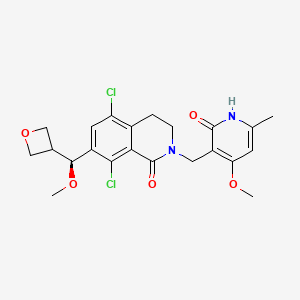 molecular formula C22H24Cl2N2O5 B610012 5,8-二氯-2-[(4-甲氧基-6-甲基-2-氧代-1H-吡啶-3-基)甲基]-7-[(S)-甲氧基(氧杂环丁-3-基)甲基]-3,4-二氢异喹啉-1-酮 CAS No. 1844849-11-1