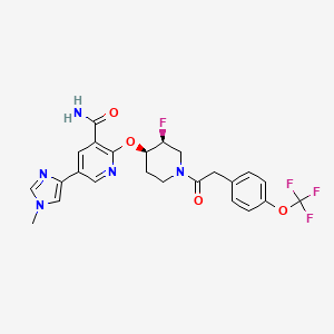molecular formula C24H23F4N5O4 B610054 2-[(3S,4R)-3-fluoro-1-[2-[4-(trifluoromethoxy)phenyl]acetyl]piperidin-4-yl]oxy-5-(1-methylimidazol-4-yl)pyridine-3-carboxamide CAS No. 1799788-94-5