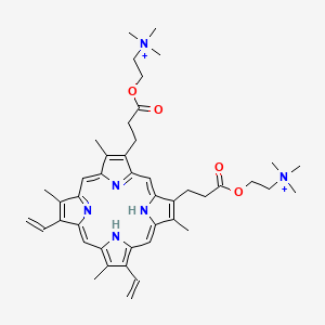 molecular formula C44H58N6O42+ B610075 Ethanaminium, 2,2'-((7,12-diethenyl-3,8,13,17-tetramethyl-21H,23H-porphine-2,18-diyl)bis((1-oxo-3,1-propanediyl)oxy))bis(N,N,N-trimethyl- CAS No. 126265-02-9