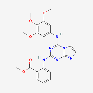 molecular formula C22H22N6O5 B610076 Methyl 2-[[4-(3,4,5-trimethoxyanilino)imidazo[1,2-a][1,3,5]triazin-2-yl]amino]benzoate CAS No. 1627843-95-1