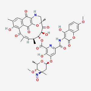 molecular formula C48H46N4O19 B610288 [(10Z,12S,13R,14S,16S)-7,14-二羟基-6,10,12,16-四甲基-2,9,15,21-四氧代-20-氧杂-18-氮杂四环[14.3.1.14,19.03,8]二十九-1(19),3,5,7,10-五烯-13-基] 3-羟基-6-[(4-羟基-7-甲氧基-2-氧代色满-3-基)氨基甲酰基]-4-[(2S,4R,5S,6S)-5-甲氧基-4,6-二甲基-4-亚硝基氧杂-2-基]氧吡啶-2-羧酸 CAS No. 122525-61-5