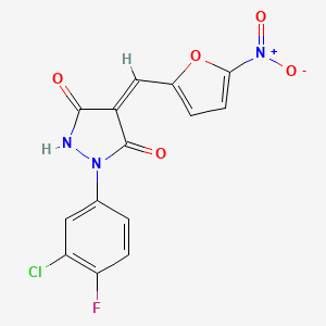 molecular formula C14H7ClFN3O5 B610365 (E)-1-(3-chloro-4-fluorophenyl)-4-((5-nitrofuran-2-yl)methylene)pyrazolidine-3,5-dione CAS No. 423148-78-1