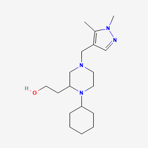 molecular formula C18H32N4O B6104519 2-{1-cyclohexyl-4-[(1,5-dimethyl-1H-pyrazol-4-yl)methyl]-2-piperazinyl}ethanol 