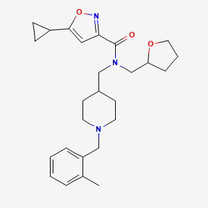 molecular formula C26H35N3O3 B6104706 5-cyclopropyl-N-[[1-[(2-methylphenyl)methyl]piperidin-4-yl]methyl]-N-(oxolan-2-ylmethyl)-1,2-oxazole-3-carboxamide 