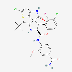 molecular formula C29H29Cl2FN4O4S B610525 (2'S,3'S,5'R,6S)-N-(4-carbamoyl-2-methoxyphenyl)-2-chloro-3'-(3-chloro-2-fluorophenyl)-5'-(2,2-dimethylpropyl)-5-oxospiro[4H-thieno[3,2-b]pyrrole-6,4'-pyrrolidine]-2'-carboxamide CAS No. 1360821-61-9
