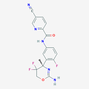 molecular formula C18H14F3N5O2 B610529 N-[3-[(4r)-2-氮杂亚甲基-5,5-双(氟代)-4-甲基-1,3-恶唑烷-4-基]-4-氟代-苯基]-5-氰基-吡啶-2-甲酰胺 CAS No. 1310347-50-2