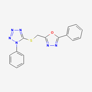 molecular formula C16H12N6OS B6105639 1-phenyl-5-{[(5-phenyl-1,3,4-oxadiazol-2-yl)methyl]thio}-1H-tetrazole 