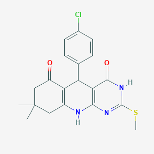 molecular formula C20H20ClN3O2S B6106536 5-(4-CHLOROPHENYL)-8,8-DIMETHYL-2-(METHYLSULFANYL)-3H,4H,5H,6H,7H,8H,9H,10H-PYRIMIDO[4,5-B]QUINOLINE-4,6-DIONE 