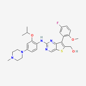 molecular formula C28H32FN5O3S B610685 Thieno[3,2-d]pyrimidine-6-methanol, 7-(5-fluoro-2-methoxyphenyl)-2-[[2-(1-methylethoxy)-4-(4-methyl-1-piperazinyl)phenyl]amino]- CAS No. 1462949-64-9